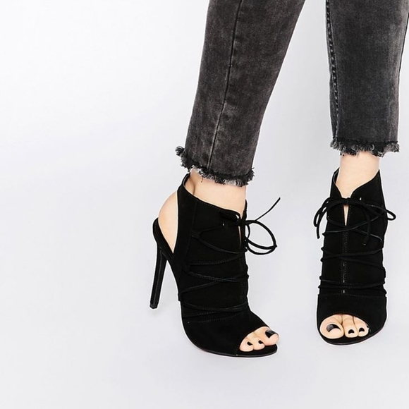 ASOS Estelle Tie Up Peep Toe Booties - Black Suede Sz: 7 - Picture 2 of 16